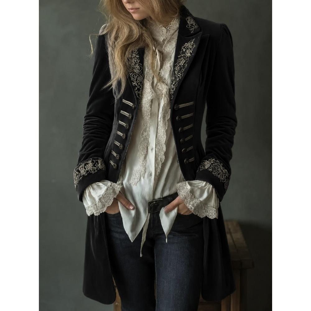 Women's Turn Down Collar Long Sleeve Blazer Regular Fit Elegant Embroidered Velvet Coat