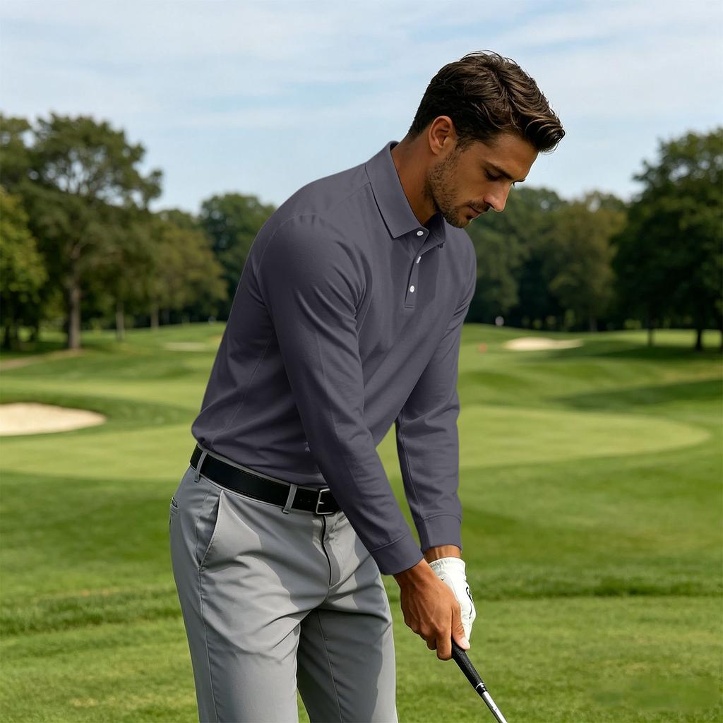 Men's Quick Dry Breathable Golf Polo Shirt Long Sleeve Button Collar Athletic Casual Shirt Sportswear