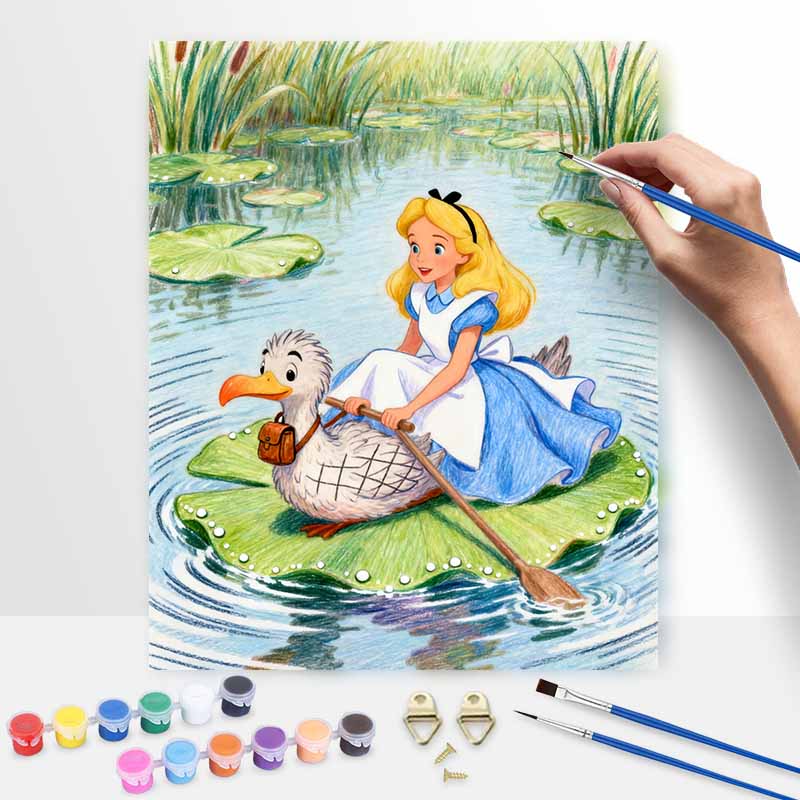Disney oil painting handcolored painting Alice swan lily pond living room decoration hanging painting wall painting 20x30cm