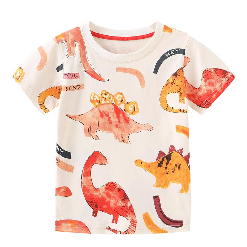 Kids' Summer Dino Print T-Shirt: Cartoon Design, Short Sleeve, Knit Cotton, Round Neck