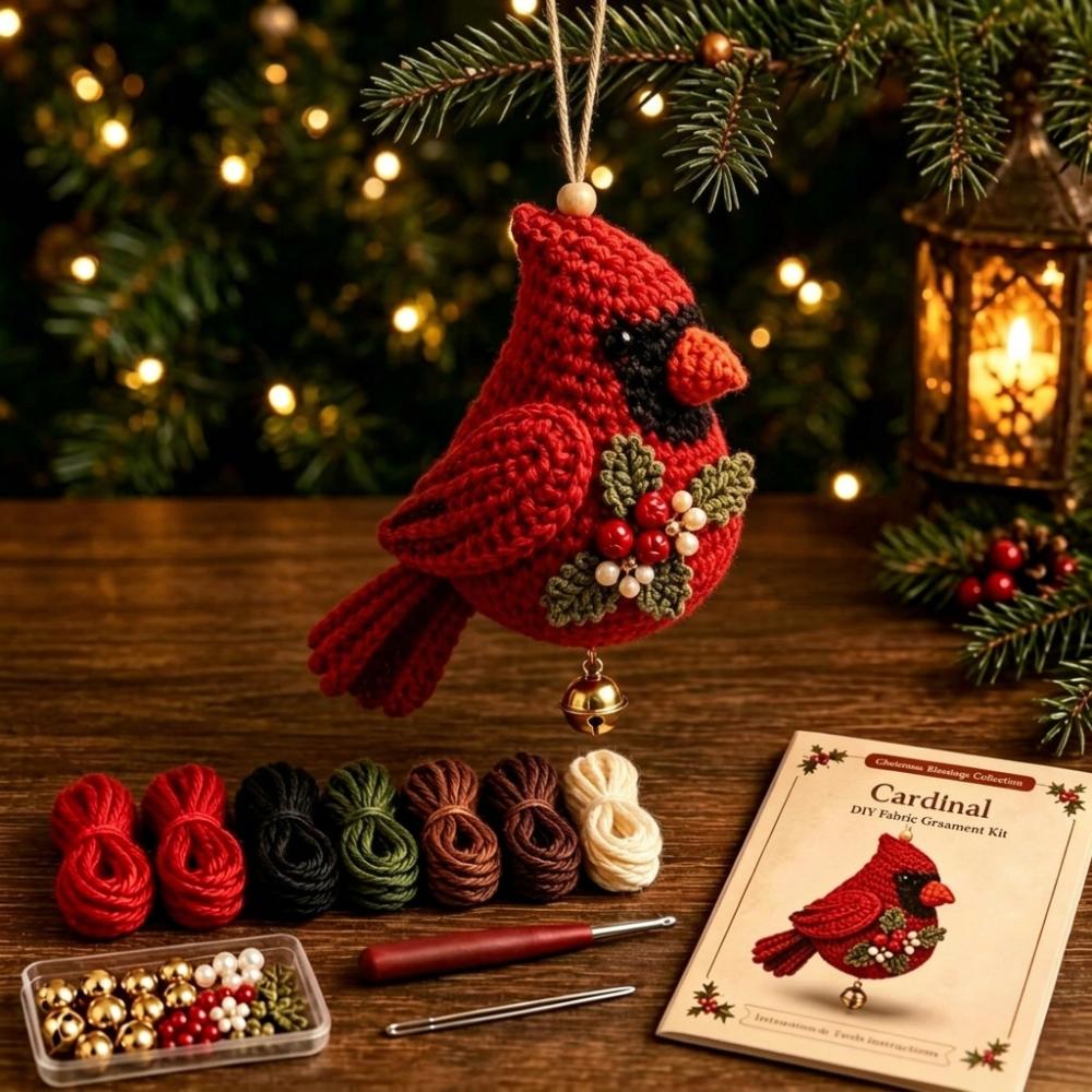 Knitted Christmas Crochet Ornament Kit Handmade with Bell DIY Snowman Making Set Hand-Knit Tree Hanging Bird Crochet Supply Kit