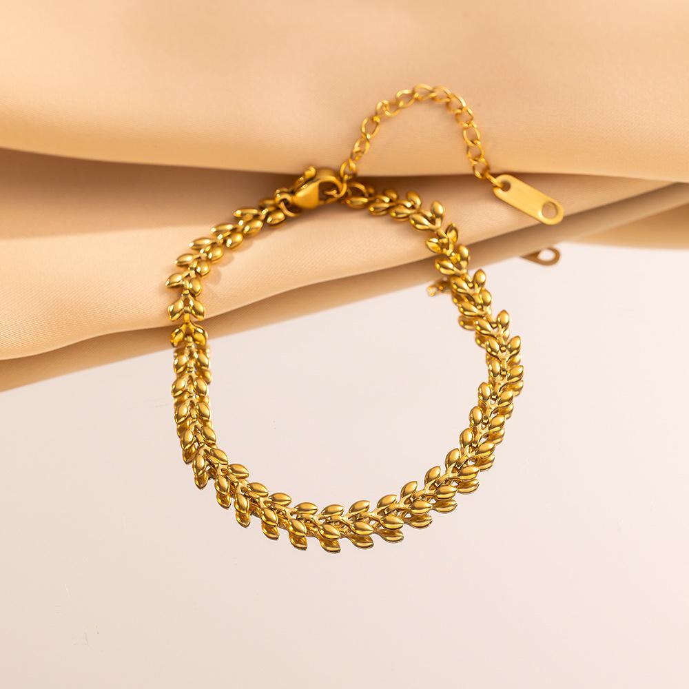 Vintage Fashion Ear of Wheat Necklace Bracelet for Women Girls 18k Gold Plated Classic Stainless Steel Jewelry Sets