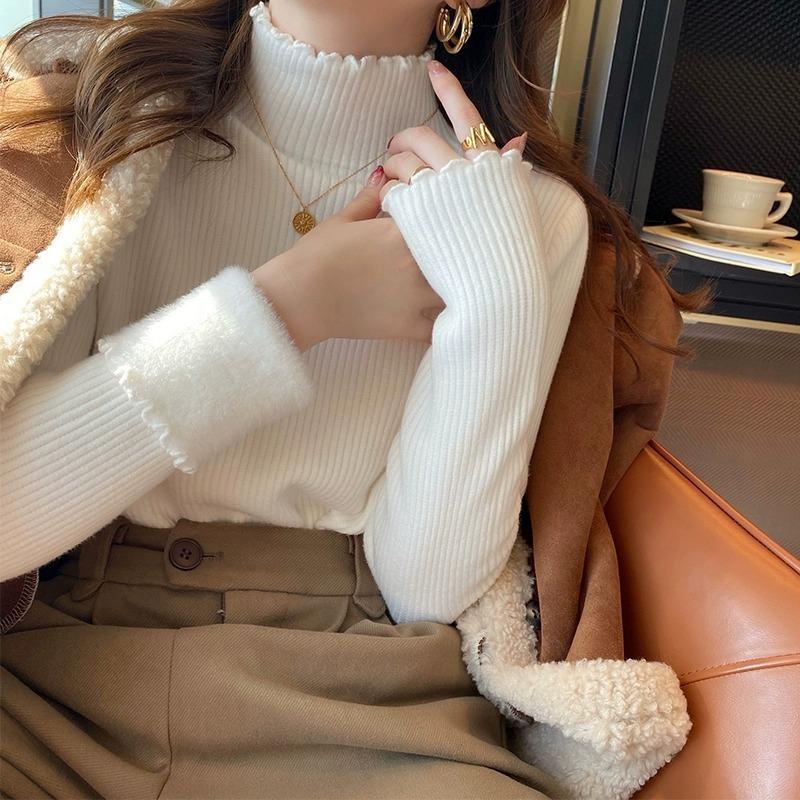 Fleece Thickened Sweater Women's Winter Thickened Bottoming Shirt Integrated Fleece Turtleneck with Wooden Ear Edge and Knitted Top Inside