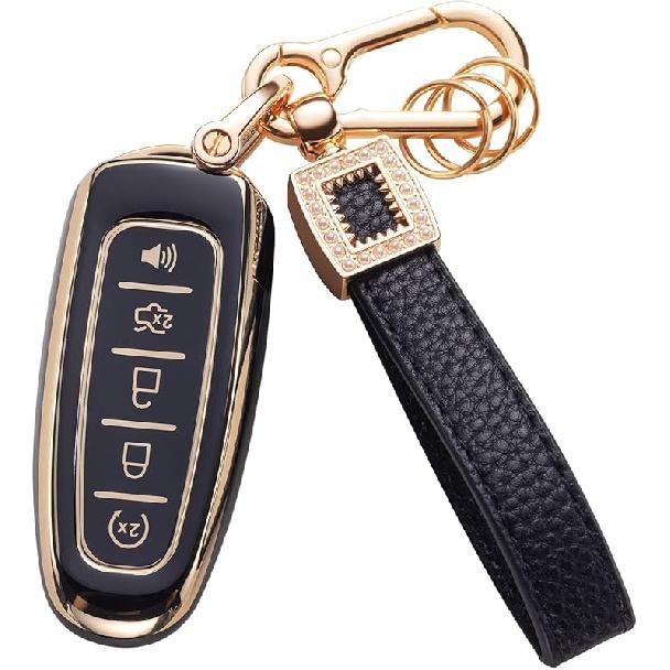 for Toyota Key Fob Cover with Leather Lanyard, Car Key Fob Case Compatible with 2018- Camry RAV4 Highlander Avalon C-HR Prius Corolla GT86 Smart Key