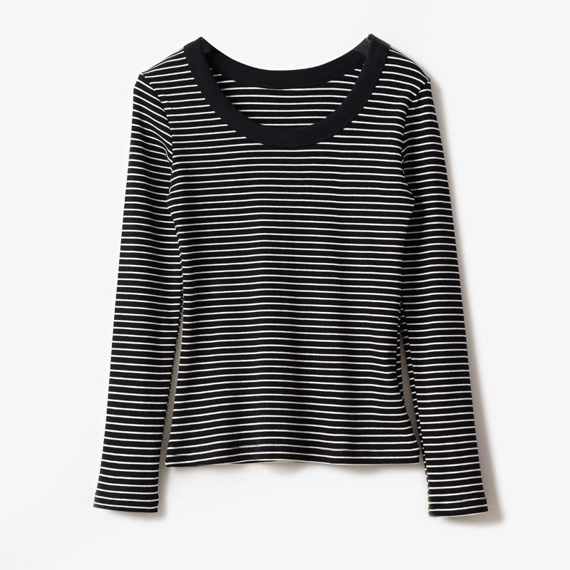 Spring Autumn Round Neck Vintage Striped Printing T-shirt Women Long Sleeve All-match Cotton Bottomed Tee Top