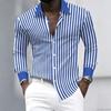 Men's Long-sleeved Collared Shirt with Black and White Vertical Stripes, Contrasting Collar and Cuff Design