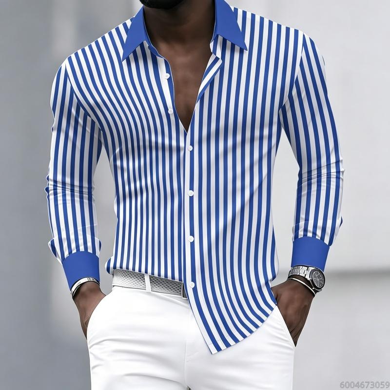 Men's Long-sleeved Collared Shirt with Black and White Vertical Stripes, Contrasting Collar and Cuff Design
