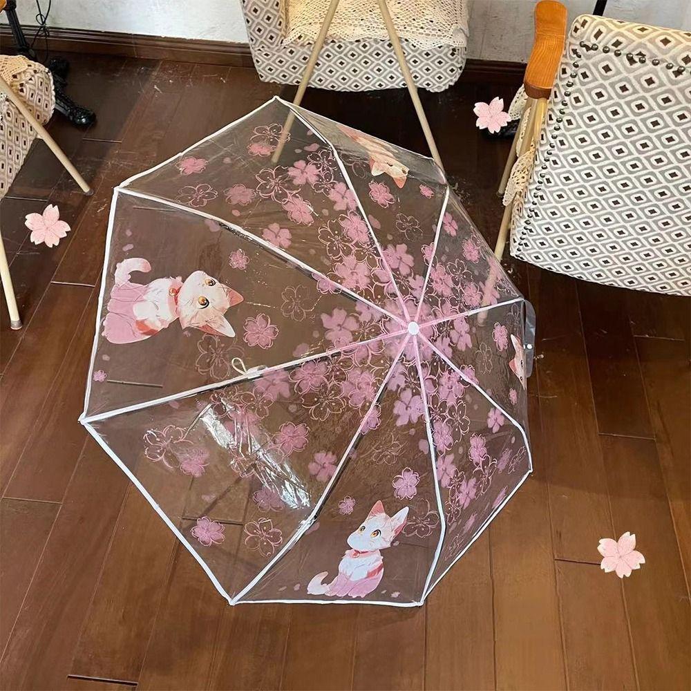 Japanese Style Manually Transparent Umbrella Three-Fold Sakura Folding Umbrella Cat Photographing Prop Rain Umbrella Raining
