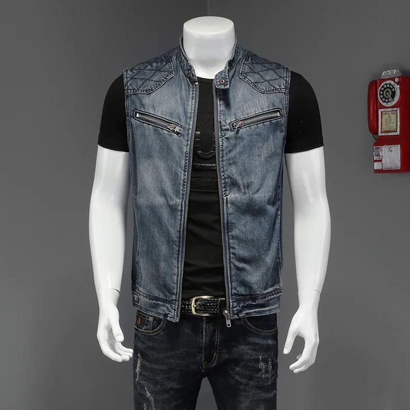 2026 Herren Motorrad Biker Denim Weste Vintage Blau Stickerei Reißverschlüsse Taschen Ärmellose Jacken Punk Cowboy Mode Weste