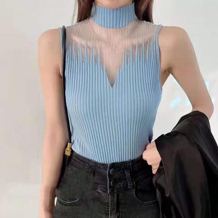 Sommer Frauen Gestrickte Ärmelloses T-shirt Mesh Hängenden Hals Semi-high Neck Kleine Weste Weibliche Unterhemd Straße Kleidung