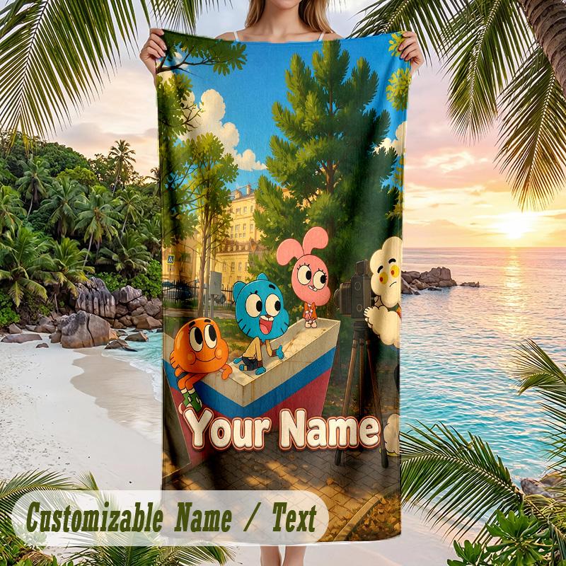 Amazing World of Gumball Beach Towel, Personalized Custom Text, Quick Dry Soft Large Towel For Swimming Pool Travel