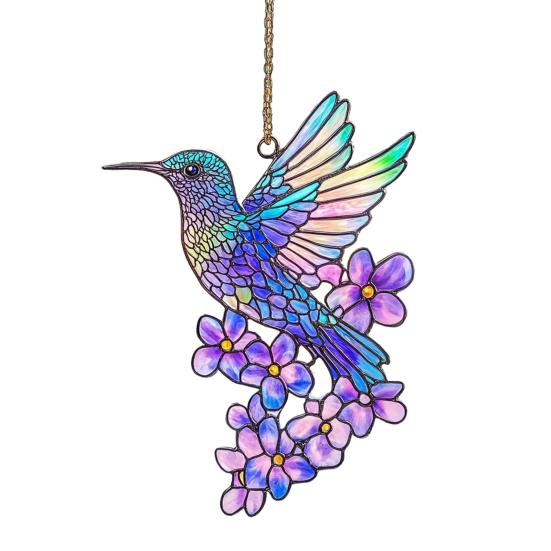 Barevný lapač slunce s kolibříkem Vitrážové akrylové květinové a kolibříkové dekorace Závěsný lapač slunce