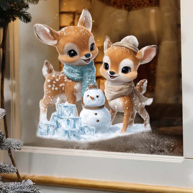 Christmas Cartoon Deer Snowman Fully Transparent Double-sided Visible Glass Home Decoration Stickers