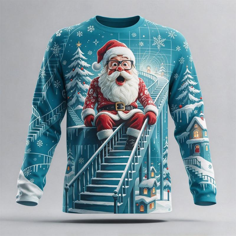 Ugly Christmas Men Long Sleeve T-shirts Santa Claus Cotton Comfortable Casual Tops Winter Xmas Party Outfit Holiday Gift For Men