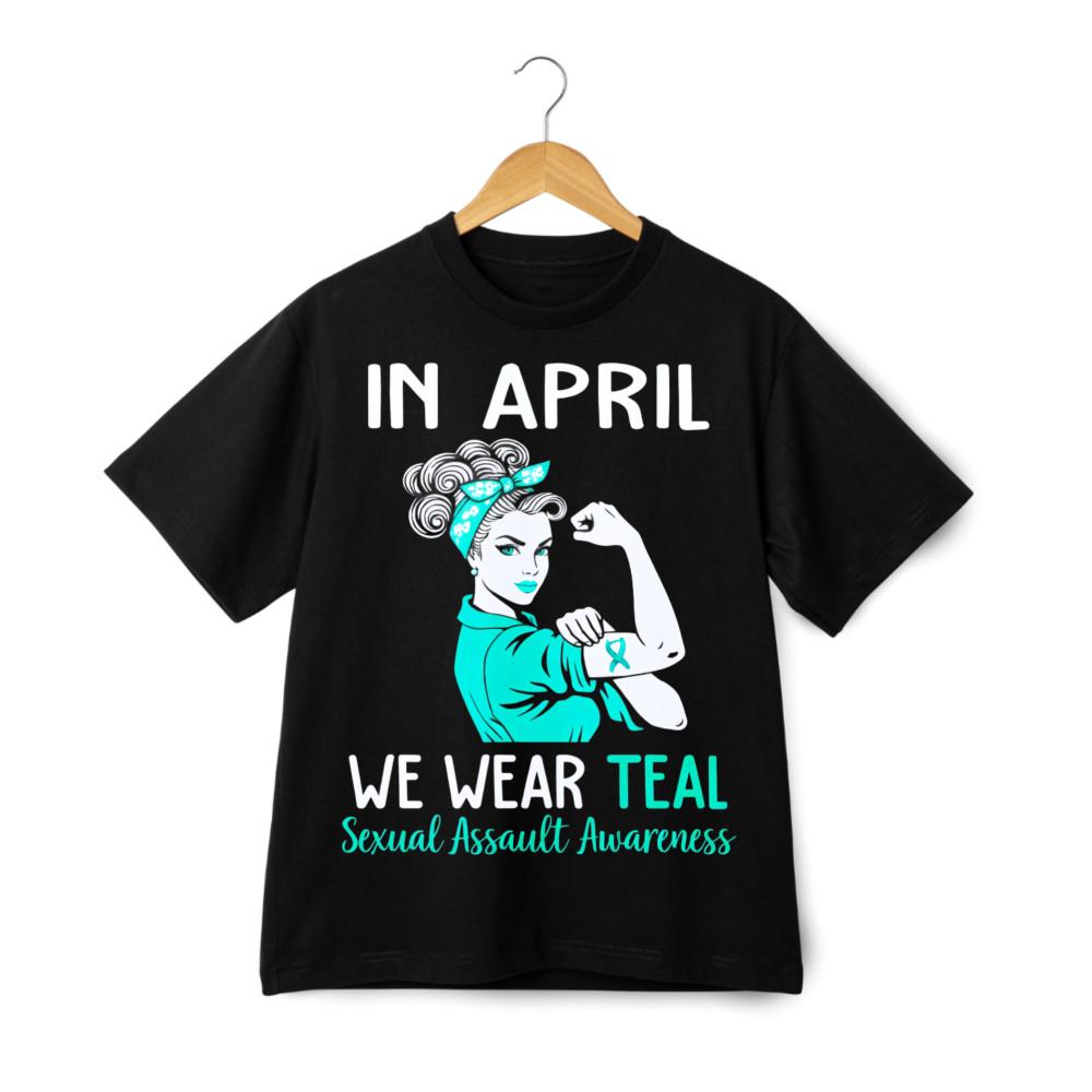 In April We Wear Teal Print T-Shirt, Sexual Assault Awareness Casual Tee XL