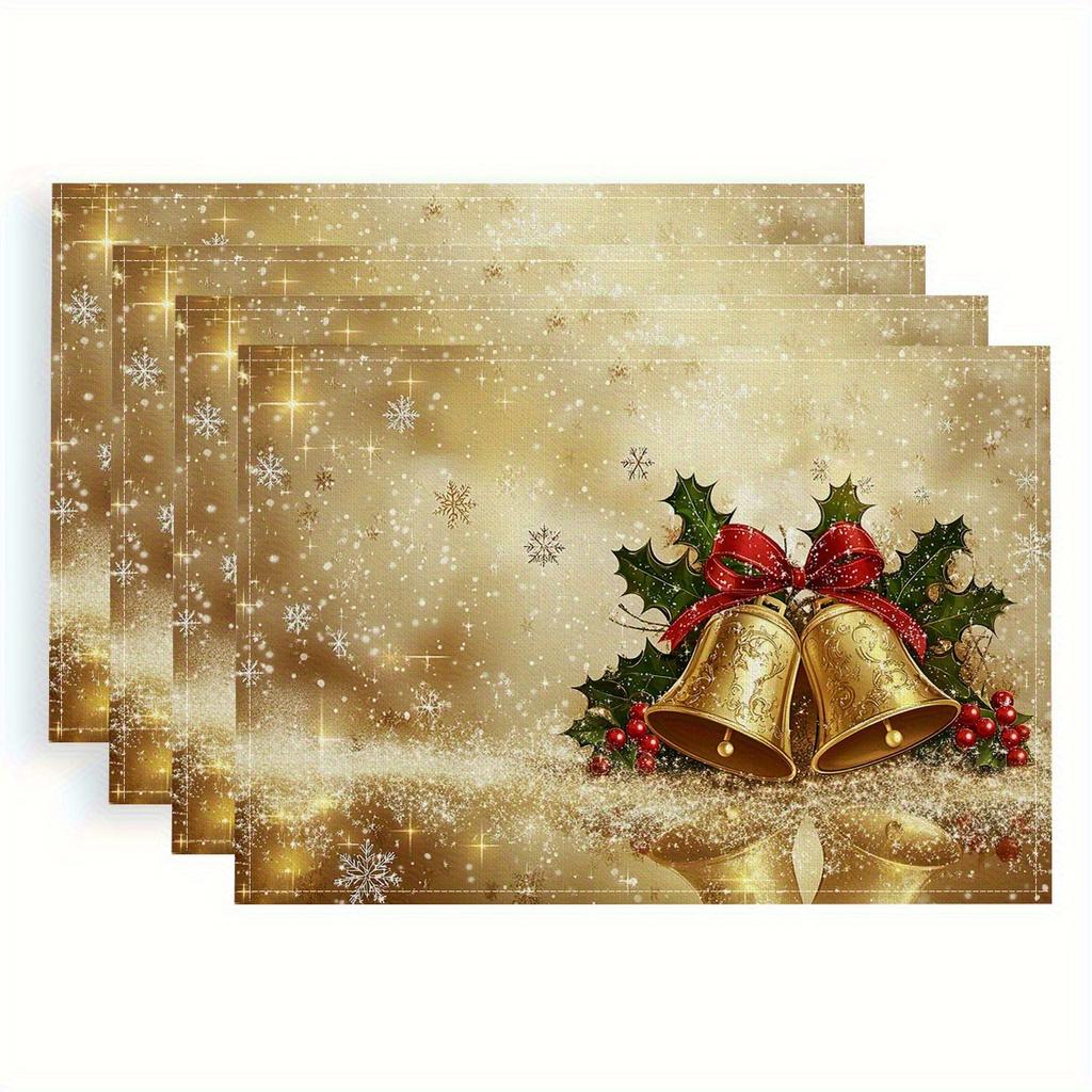 4pcs Linen Placemats Set, Golden Bells and Winter Snow Design, 12x18 Inches, Perfect for Kitchen Dining Table or Coffee Table Decor, Adds Festive