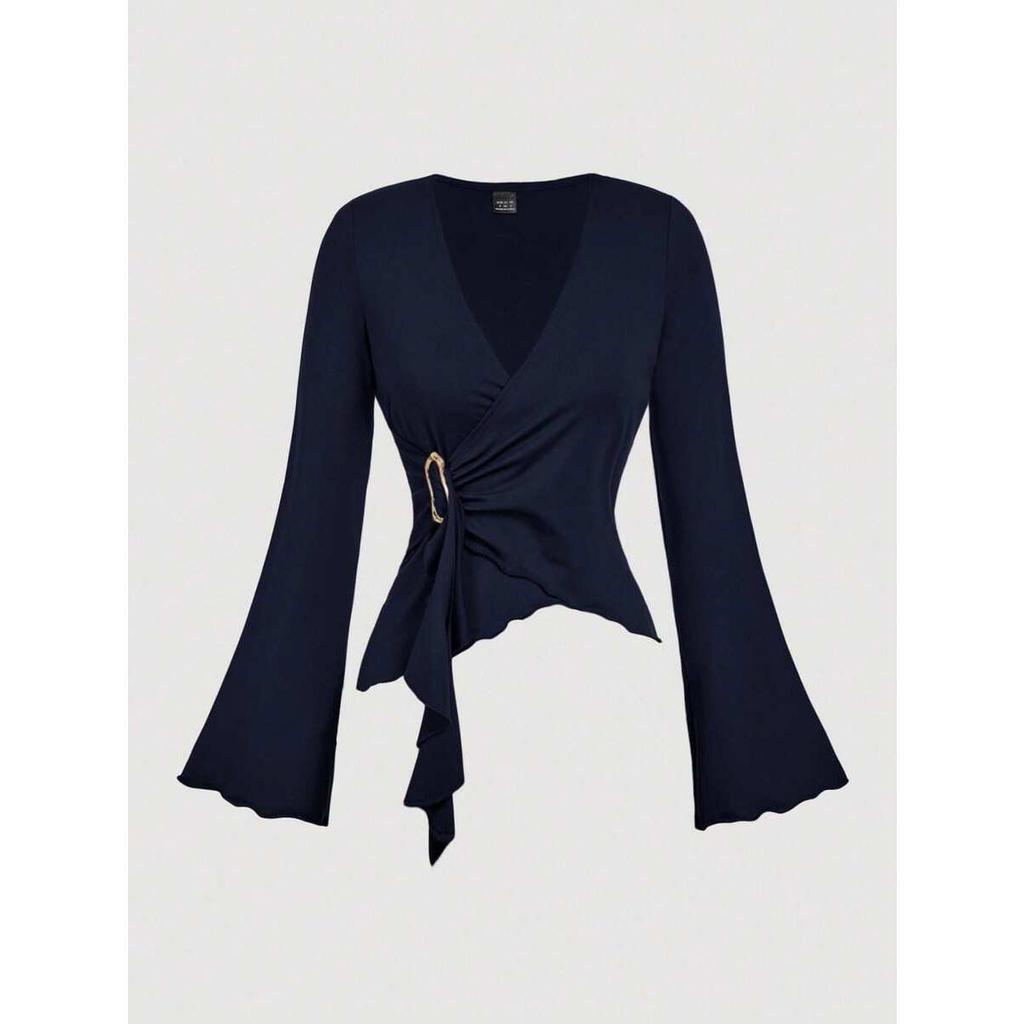 Women's Sexy V-neck Irregular Long-sleeve T-shirt - Solid Color, Autumn Collection