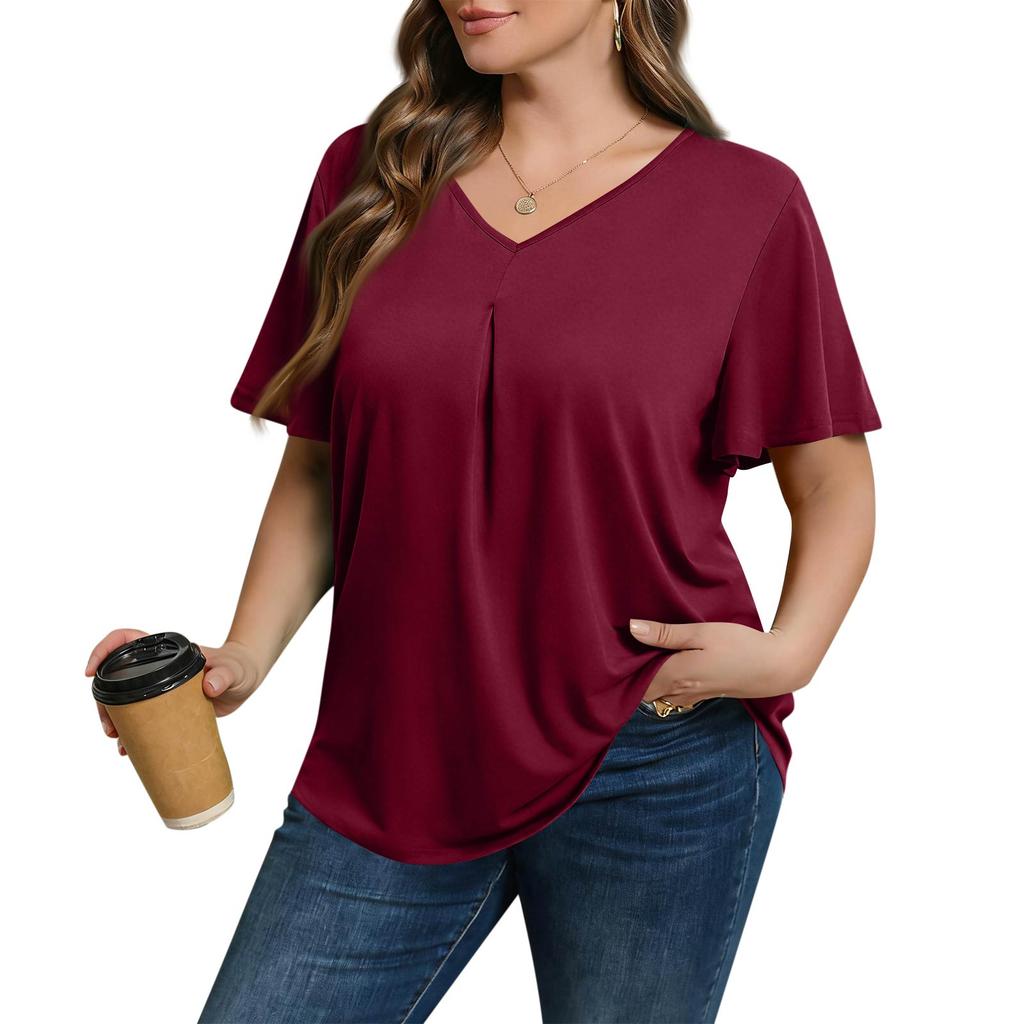 Women's Plus Size Fashionable Casual Loose-Fit Short Sleeve Elegant V Neck Blouse For Work