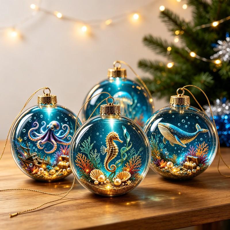 3D Crystal Ball Ornament Transparent Hanging Decor Christmas Tree Decoration Ocean Theme Holiday Pendant