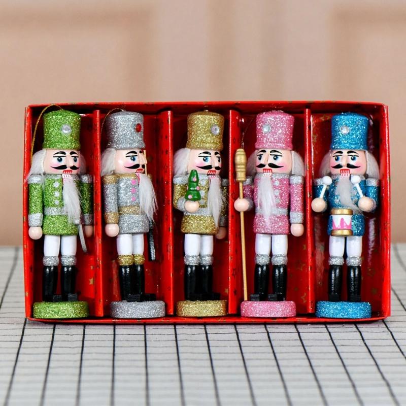 5Pcs Colorful Glitter Nutcrackers Figurine Wooden King and Soldier Festives Decors Hanging Ornaments For Holiday Parties