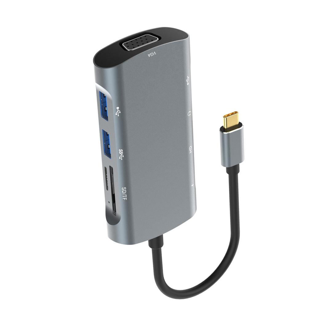 USB C Hub 9 In 1 Docking Station Type C M to PD+USB3.0+USB2.0*2+Card Reader+HD+VGA Support 4K*2K 30Hz Output