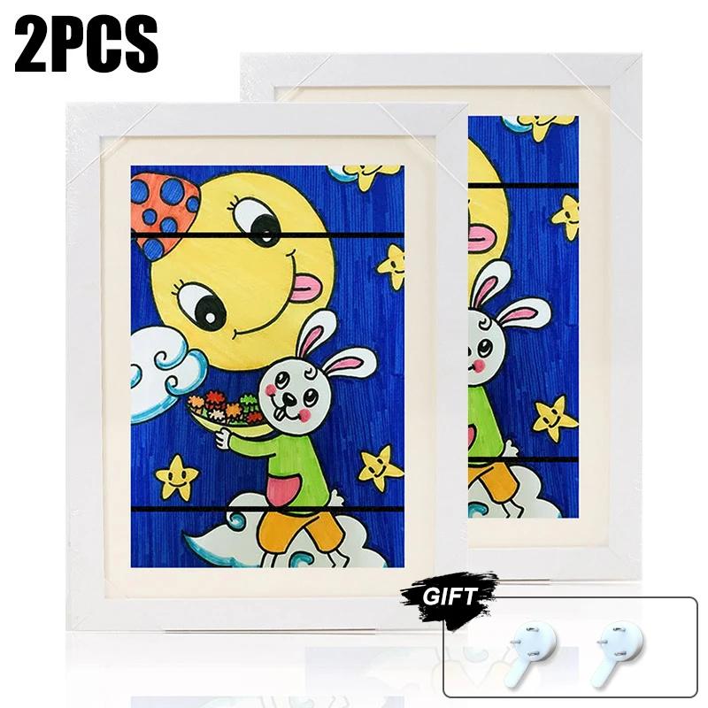 2 PCS Kids Art Frame Set A4 Size Wooden Replaceable Photo Display Kids Artwork Organizer Home Office Painting Display