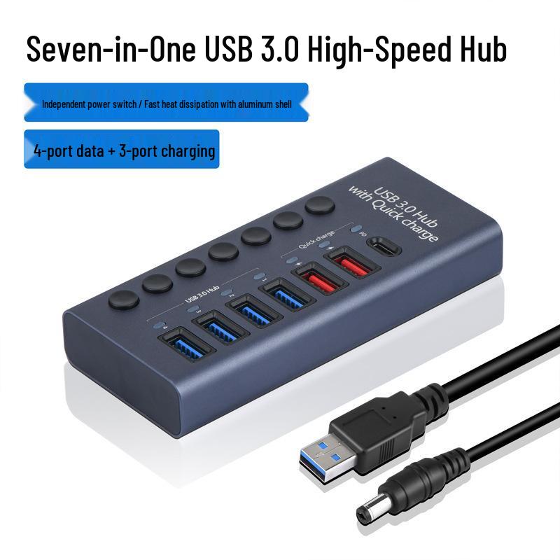 Aluminum 10-Port USB 3.0 Hub with Independent Switches and High Power Splitter