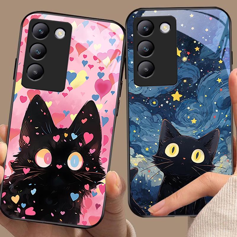 Niedliche kleine Katze für Y72 33S 11 03 36 96 Lite 35 16 Iqoo 12 V40 SE 5G 29 40 21 30 X80 Pro Vivo Handyhülle aus gehärtetem Glas Schwarz