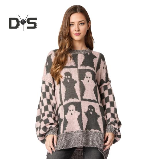 

Женский свитер с круглым вырезом и длинным рукавом, эластичный трикотажный топ, свободный крой, узор в клетку, пуловер, топы, трикотаж XL розовый