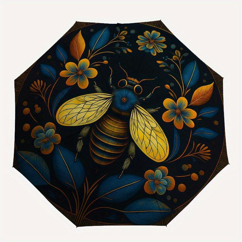 Golden Bee & Floral Mandala Wall Art DecorUmbrella with Cute Design, Portable 3-Fold Compact Umbrella for Men & Women, Valentine's Day Mother's Day Ha