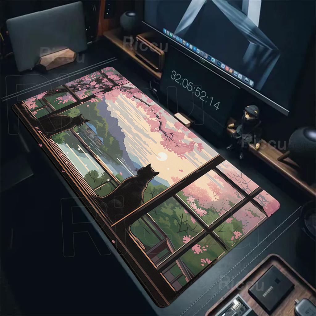 Black Cat Mouse Pad Large Cherry Blossom Landscape Desk Mat Stitch Edge Rubber AntiSlip Pc Accessories Gaming Mats Keyboard Rug