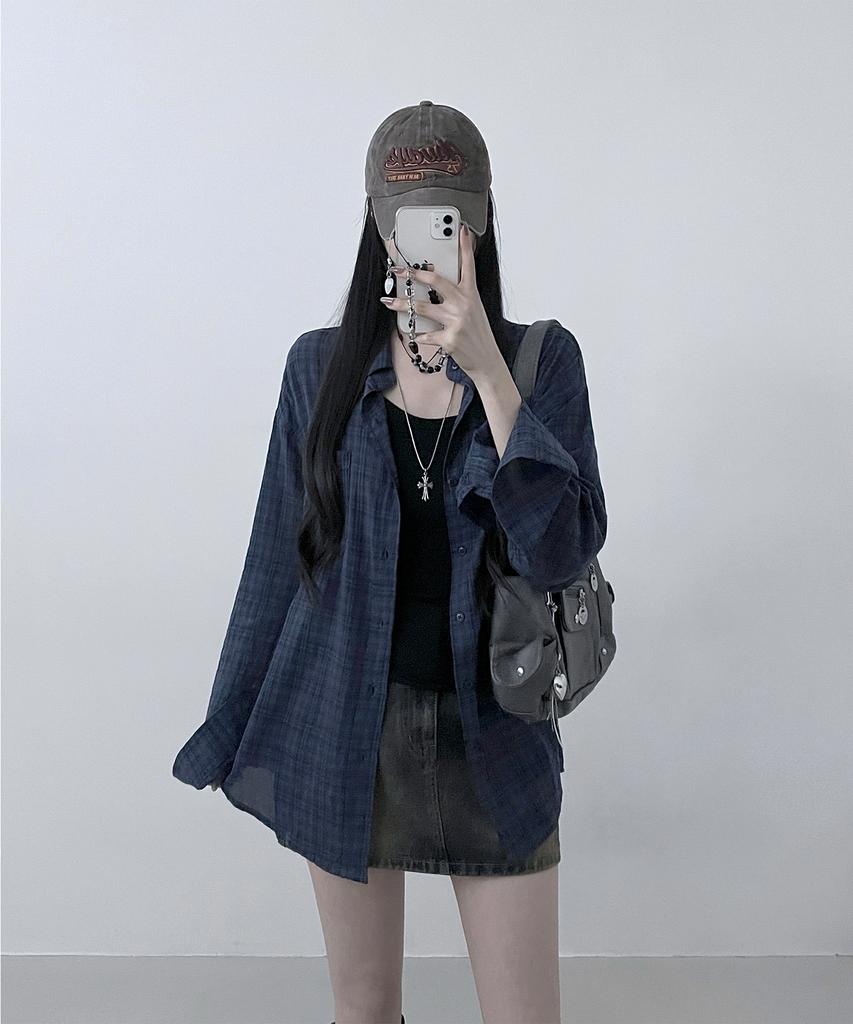 Mubeun Vintage Grunge Check Shirt Navy