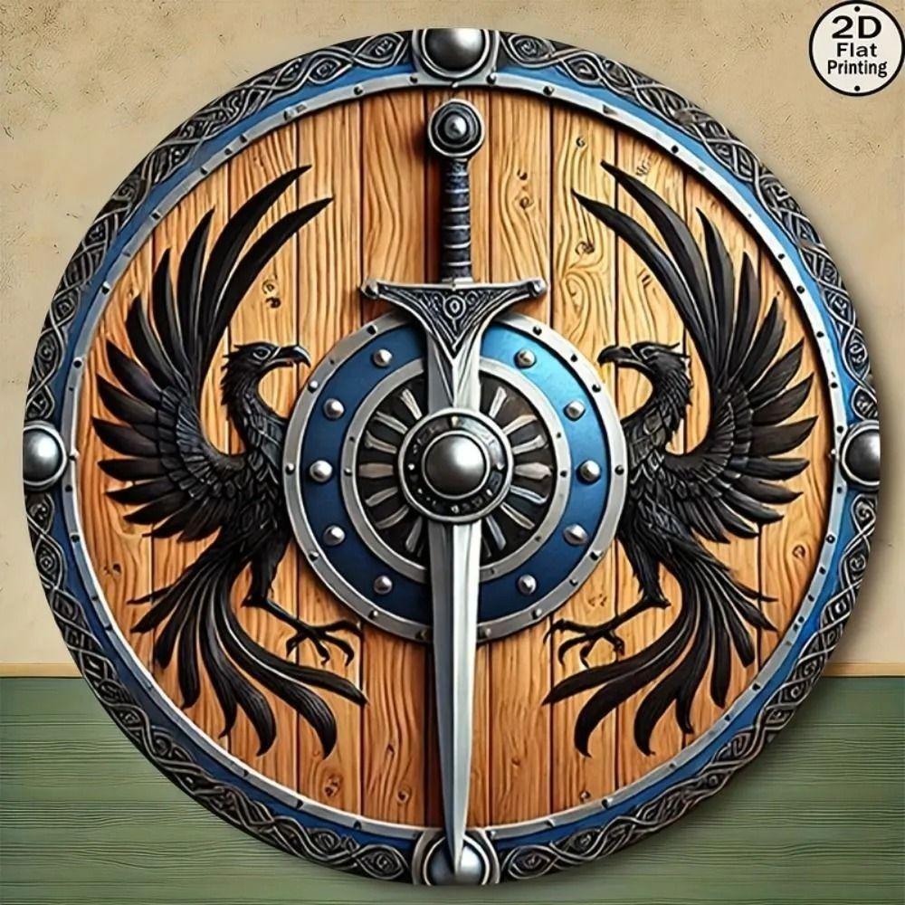 Round Metal Poster, Retro Embossed Viking Shields, Home & Garage Decor