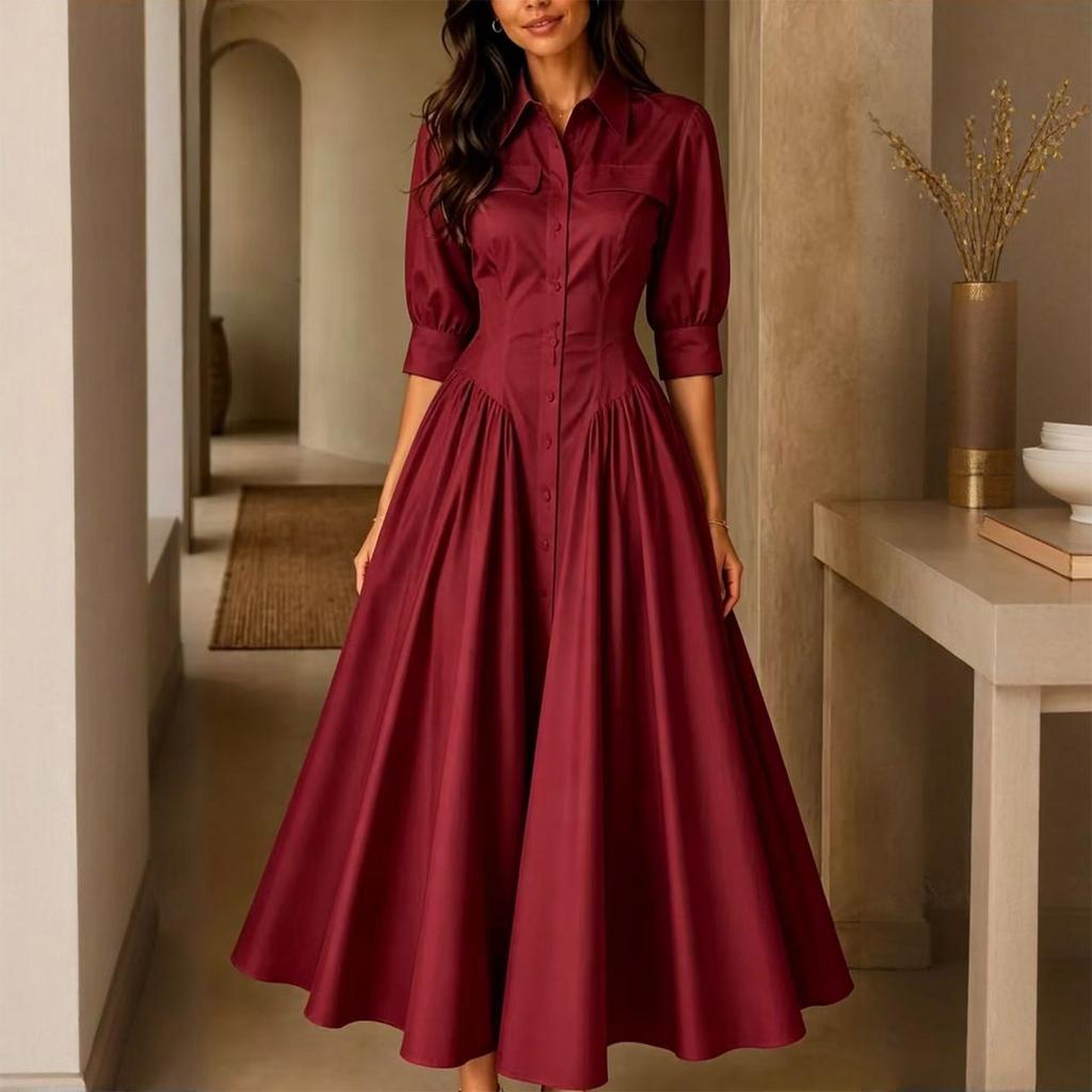 Dames Elegante Knopen Voorkant Hoge Taille Katoen Linnen Jurk met Zakken, Kleur, Casual Zomer Midi Jurk