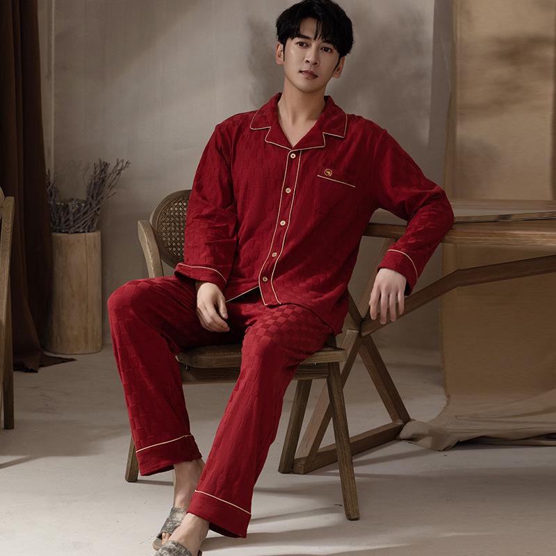 Couple's Pajamas Set: Women's Spring/Autumn Long Sleeve, Men's Red Pure Cotton Loungewear for Weddings or Birthdays