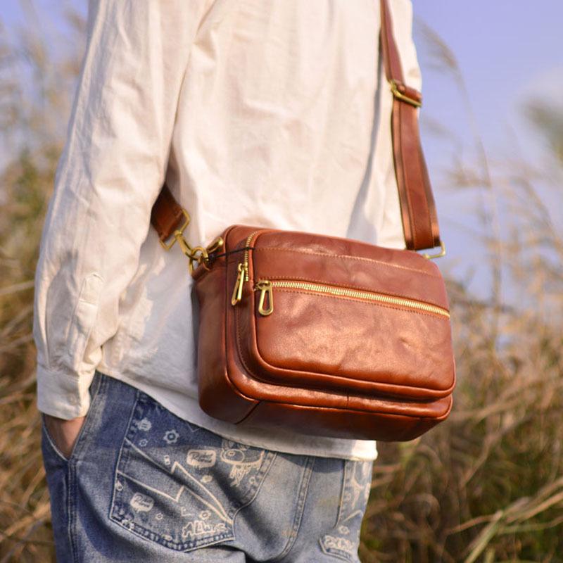Men's Genuine Leather Crossbody Shoulder Bag, Retro Korean Style, Versatile for Women, New Trend.