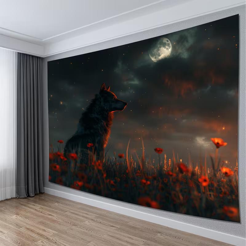 2D Night Wolf & Red Poppies Tapestry, Moonlit Starry Sky Wall Hanging for Dorm Bedroom