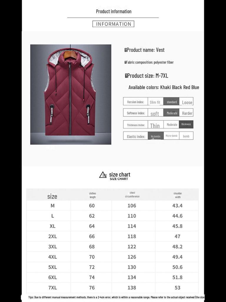 Men's Large Hooded Slim Fit Down Cotton Vest - Youth Trend Waistcoat