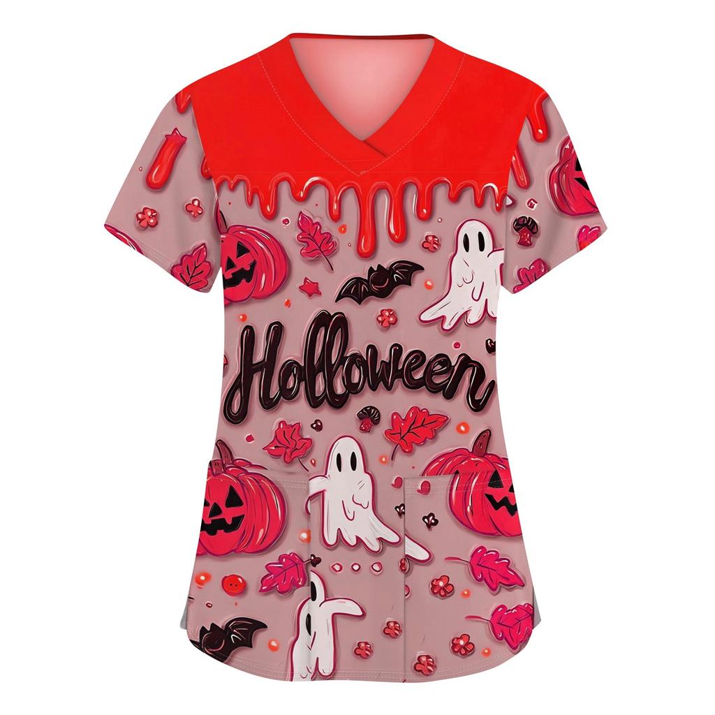 Damenmode V-Ausschnitt Kurzarm Arbeitskleidung mit Taschen Halloween bedruckte Tops