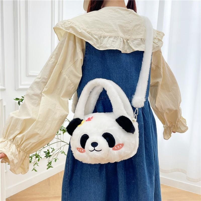 Furry Panda Embroidered Hugging Bamboo Diagonal Cross Backpack For Use Daily