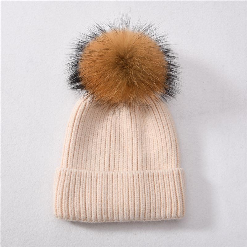 Jaxmonoy Kaschmir-Strickmütze, große Beanie-Mütze mit echtem Waschbärfell und Bommel, hochwertige, warme Mütze, Damenmütze