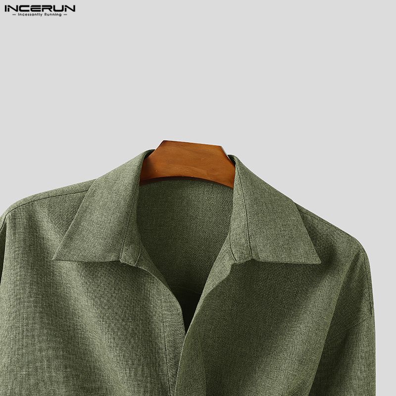 INCERUN Oversized Men Lapel Neck Long Sleeve Side Button Irregular Casual Shirts