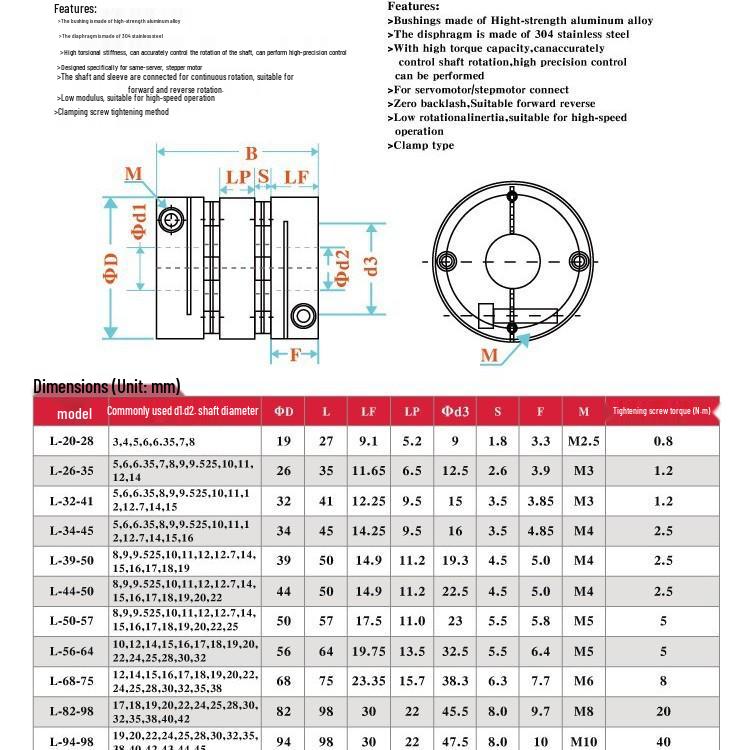 Link CNC Aluminum Alloy Double Diaphragm Coupling Clamp for Motor Screw Rod, D50 L63