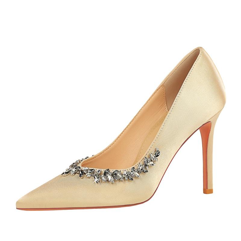 Fashion Elegant Party High Heels Pointed Toe Satin Rhinestone Stiletto Pumps Women Shoes