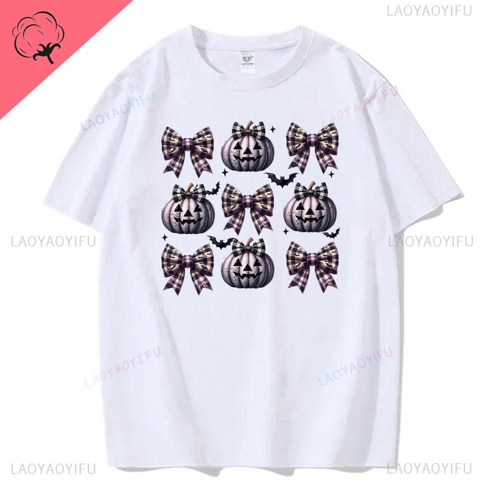 Women Ghost Pumpkin Bat Print Round Neck Pullovers Funny Halloween Costume Cotton Shirt Graphic T Shirts Y2k Top Harajuku Tops