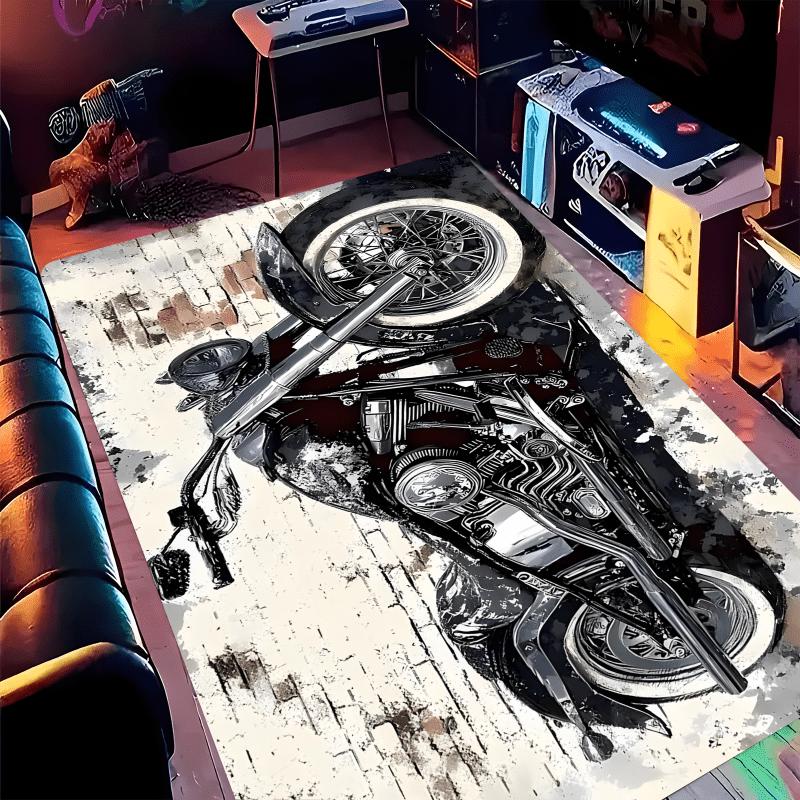 Large Vintage Motorcycle Rug Industrial Style Biker Print Floor Mat Graffiti Decor Chopper Art Runner for Home Living