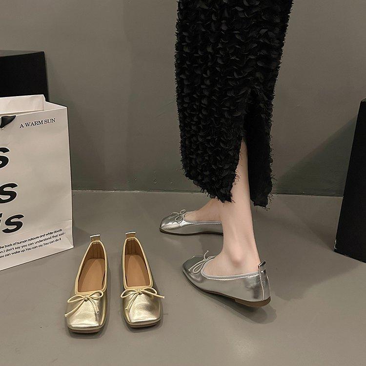 Flache silberne Einzelschuhe Damen Frühling und Sommer Damenschuhe Mary Jane Schuhe Sojabohnenschuhe