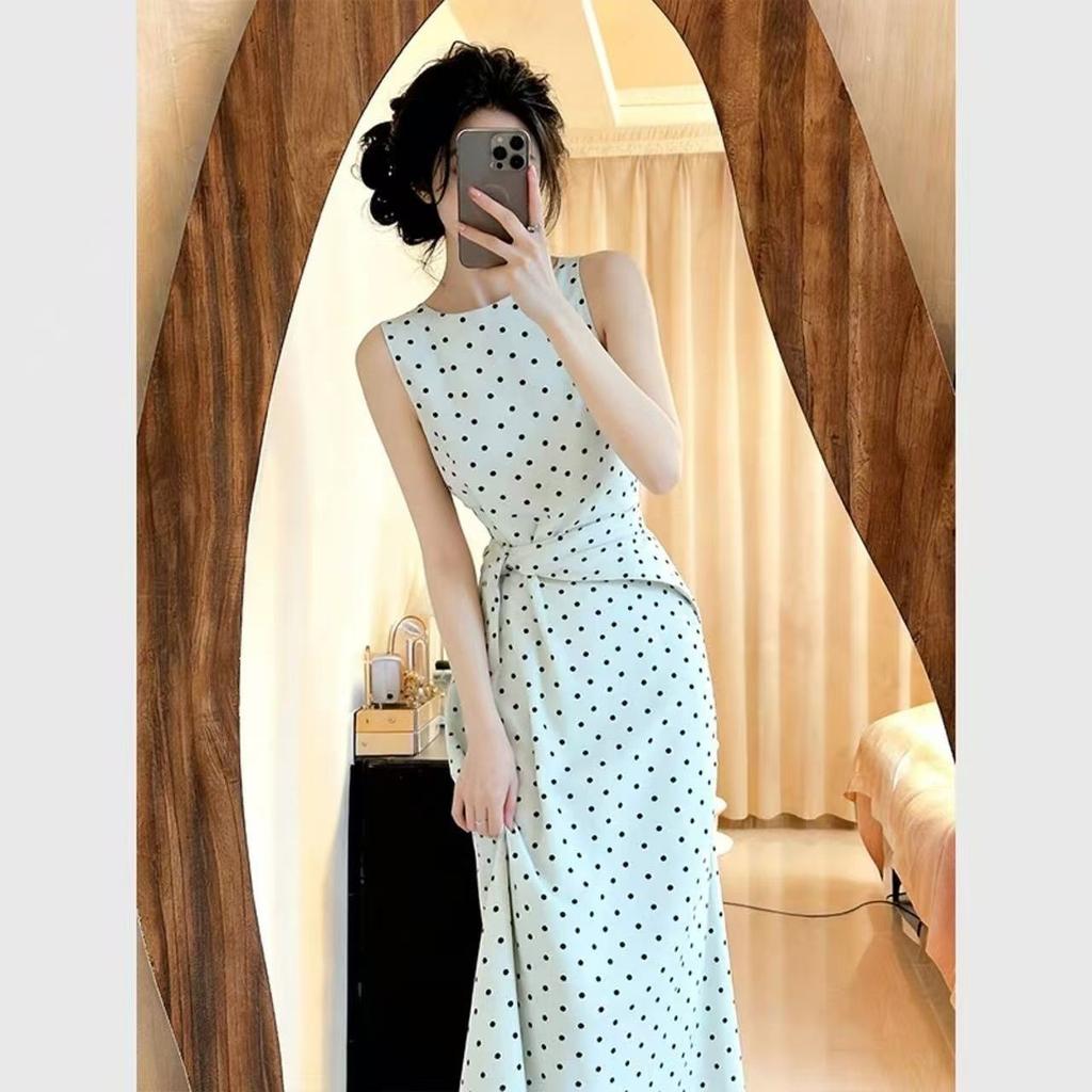 Korean Polka Dot Sleeveless Vest Dress, High-end Temperament, Women's Summer Temperament, Waist and Thin H-shaped Long Dress Wholesale