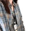 2025 Women's Retro Blue Plaid Shirt Jacket - Loose Fit, Long Sleeve for Spring & Autumn