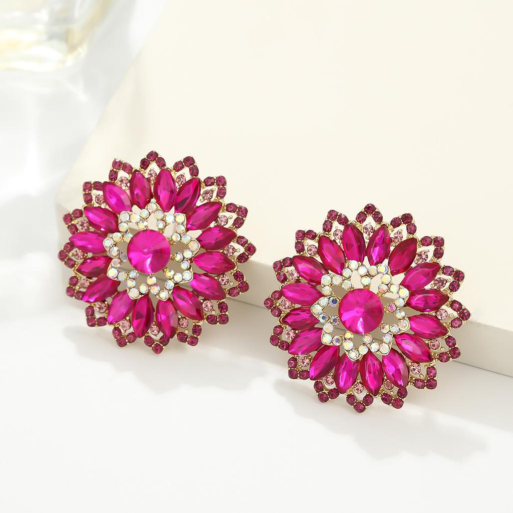 Luxury Full Rhinestone Flower Earrings For Women Exaggerated Fashionable Atmospheric Studs Temperament Versatile Commute Jewelry